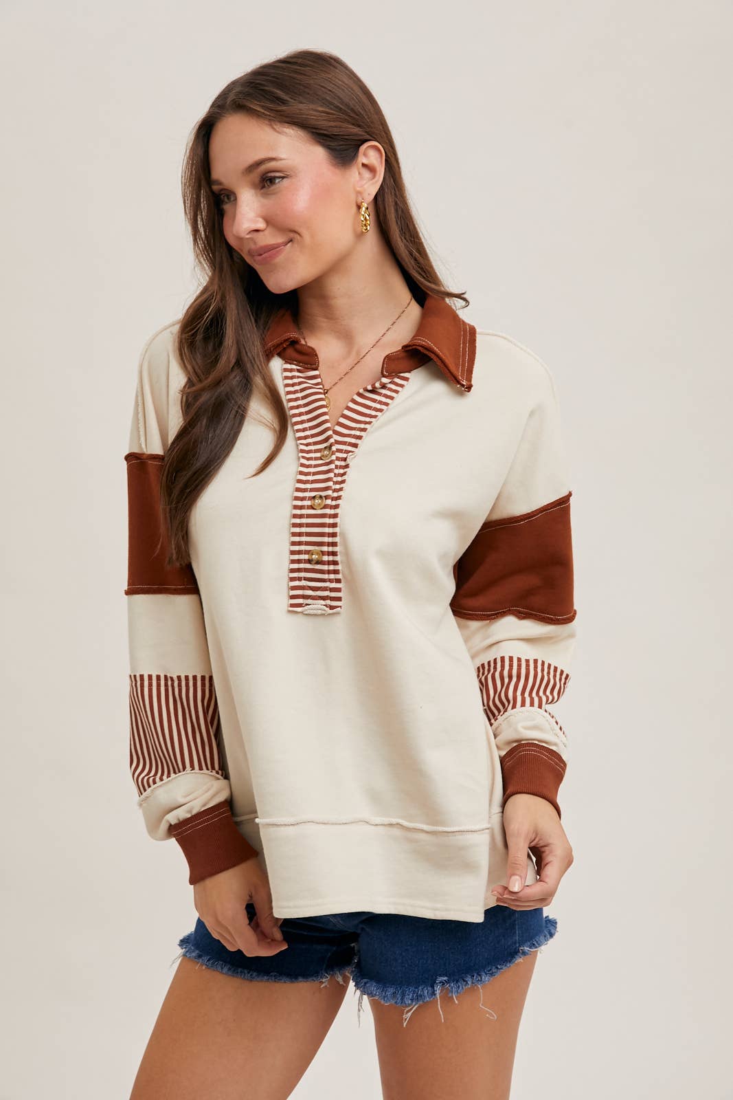 Bluivy - COLOR BLOCK CONTRAST HALF-BUTTON COLLAR KNIT TOP