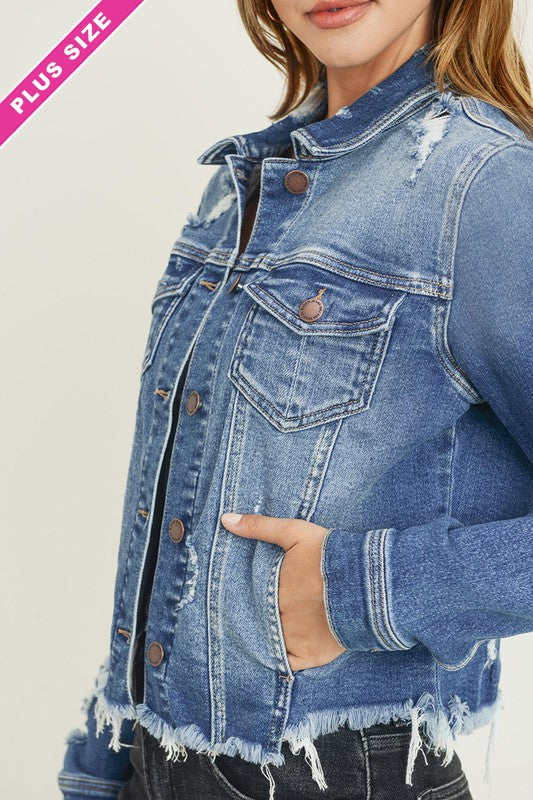 Risen PLUS SIZE DISTRESSED FRAYED HEM JACKET
