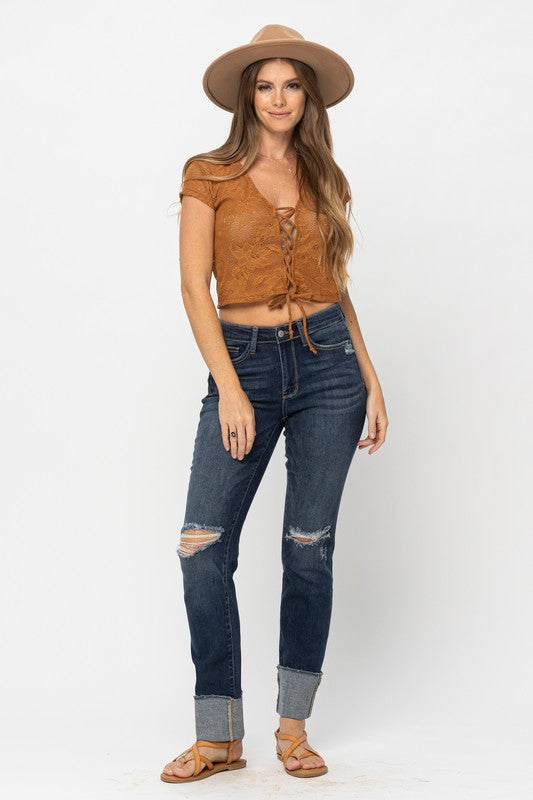 Judy Blue Mid Rise Tall Minimal Destroy Straight