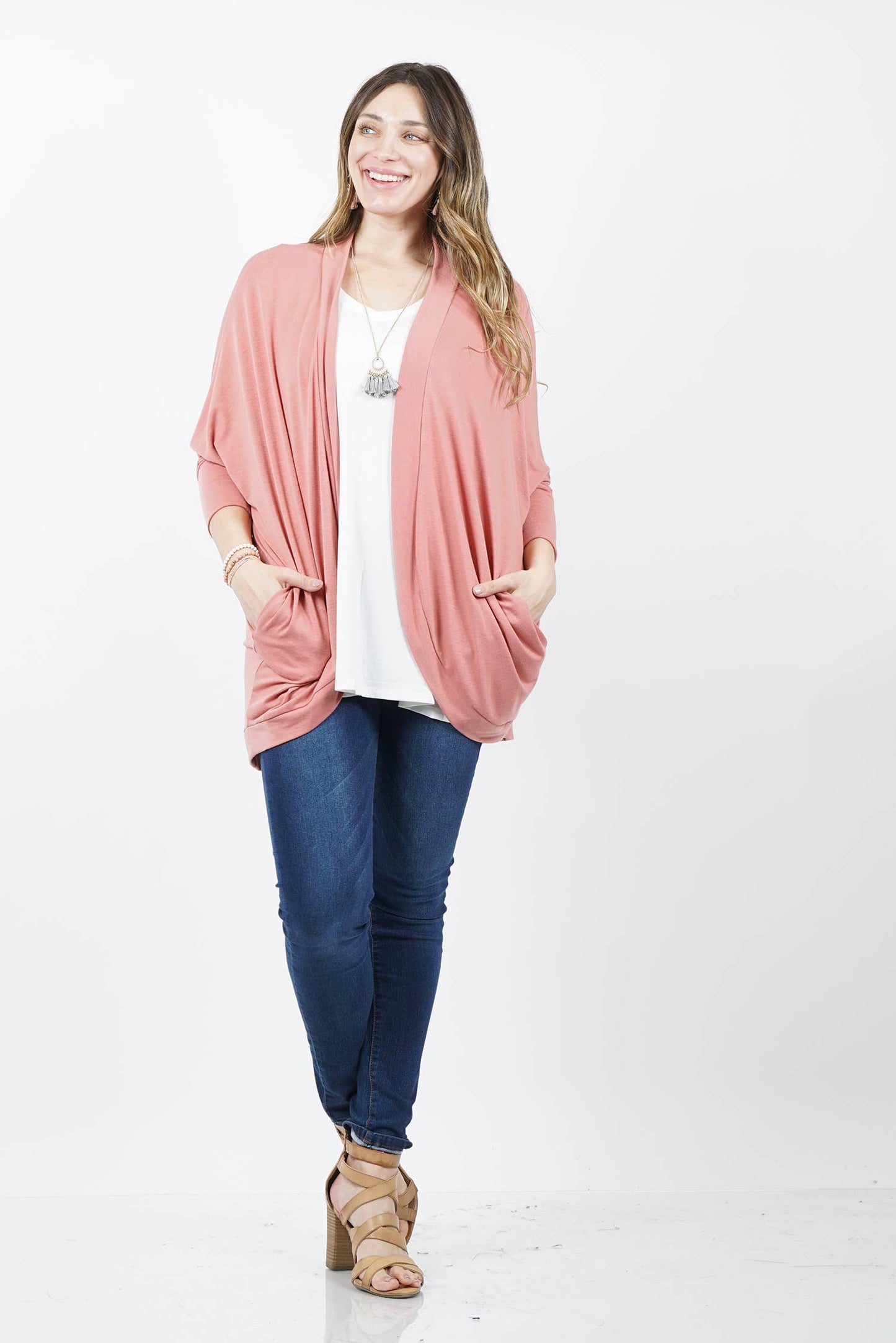 42POPS - ,, SI-13616 PLUS SIZE PREMIUM FABRIC 3/4 SLEEVE COCOON WRA