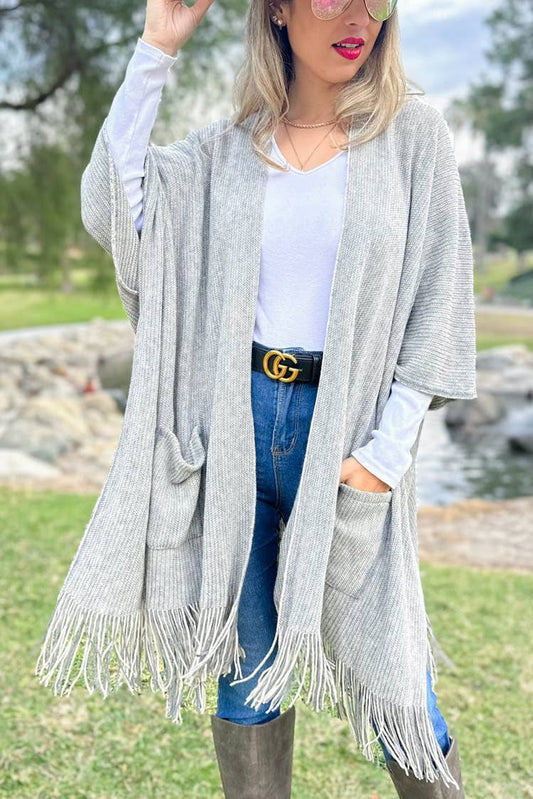 AMOLI - Grey Soft Knitted Pocket Kimono Cardigan With Fringe