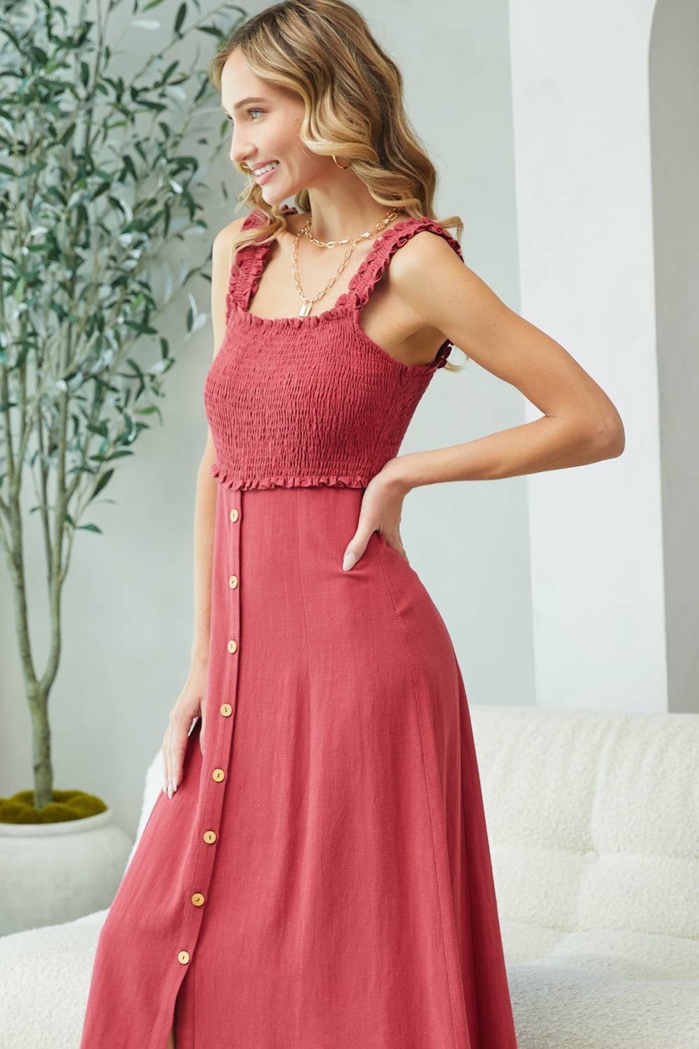 Sweet Lovely by Jen - LINED BLEND SMOCKED MIDI DRESS