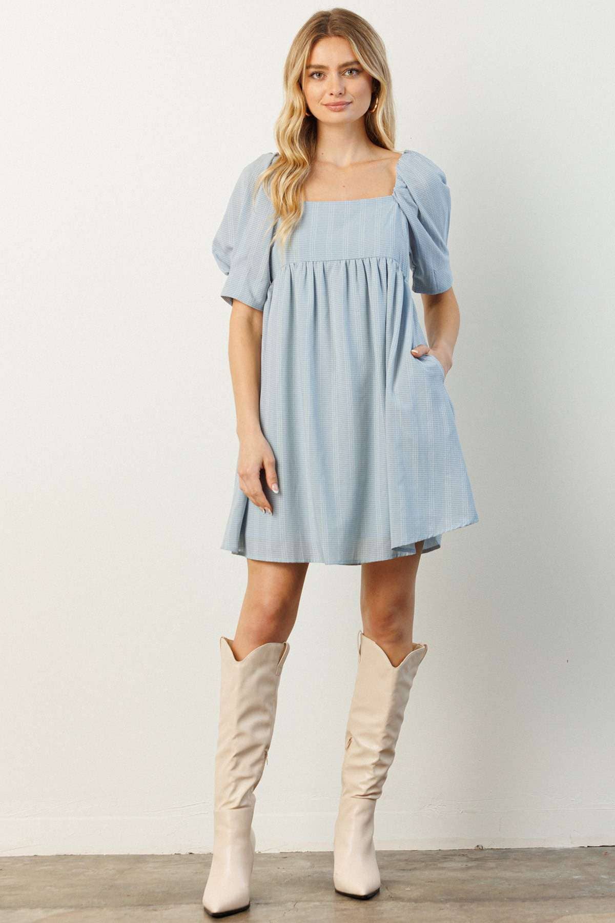 mittoshop - J42623-SQUARE NECK PUFF SLEEVE BABYDOLL DRESS