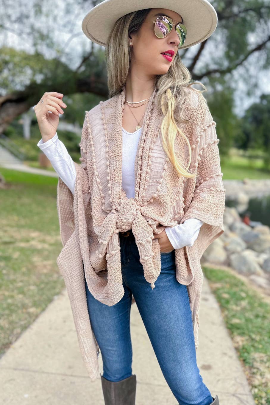 AMOLI - Nude 3D Textured Open Front Soft Kimono Cardigan