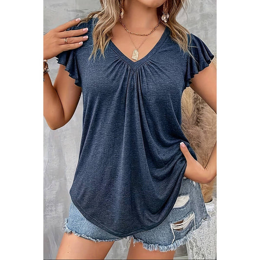 Supreme Fashion - Plus V Neck Solid Ruffle Ruched Fit Basic Top