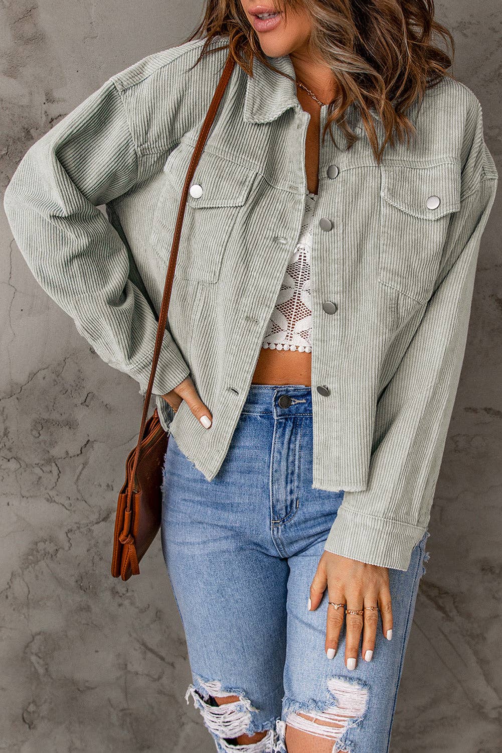 Lovesoft - Sky Blue Raw Hem Flap Pockets Cropped Corduroy Jacket
