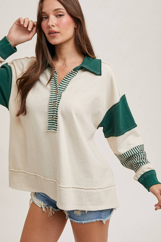 Bluivy - COLOR BLOCK CONTRAST HALF-BUTTON COLLAR KNIT TOP