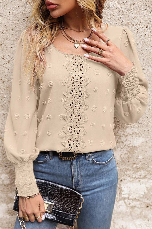 Lily Clothing - WOMEN FLORAL LACED SWISS DOT RIBBED SLEEVE BLOUSE_CWTSTL0282