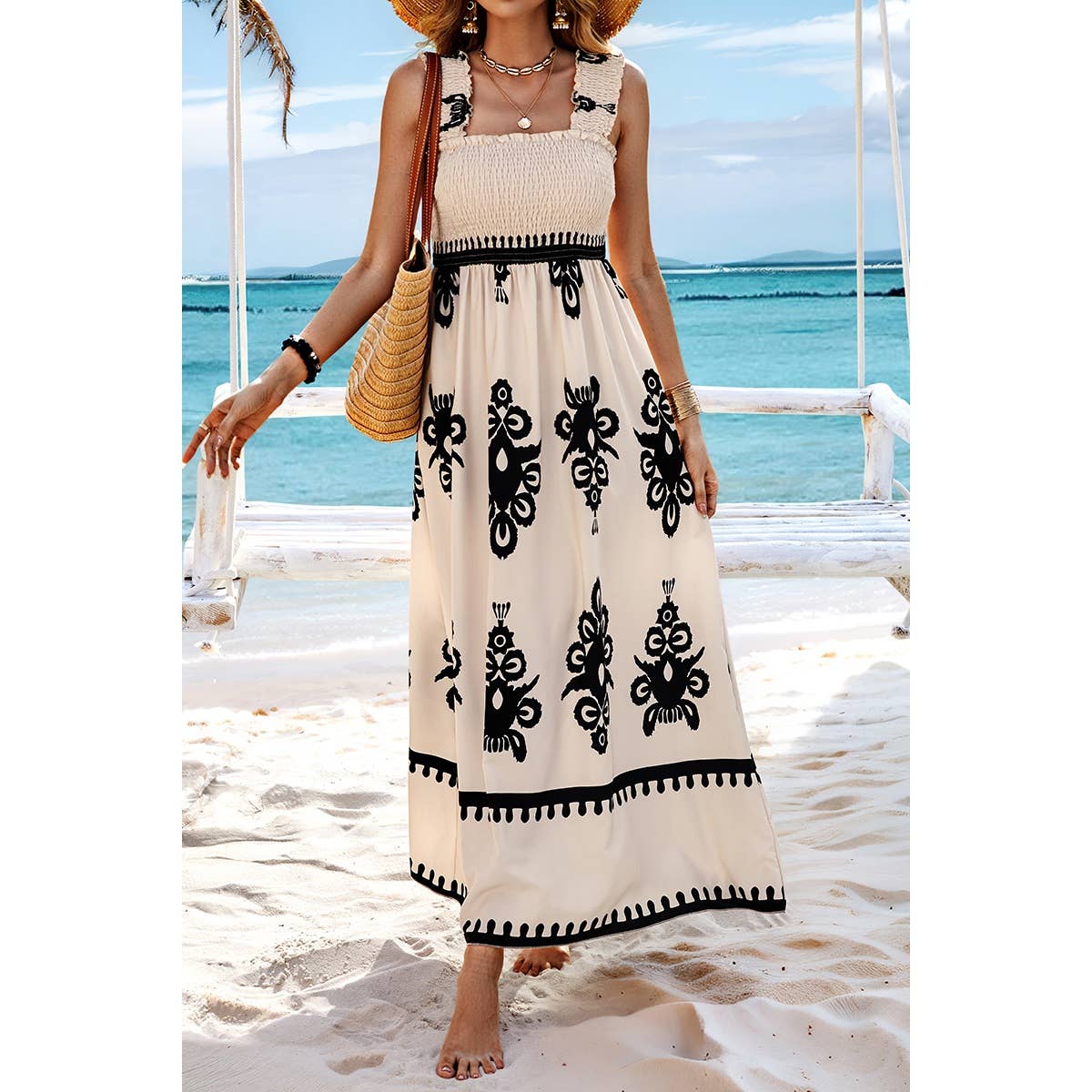 Supreme Fashion - Ruched Square Neck Sleeveless High Waist Dress