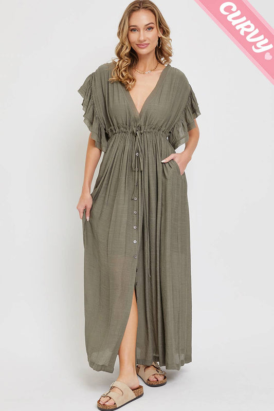 Sweet Lovely by Jen - DEEP V NECKLINE BUTTONDOWN FLOWY MAXI DRESS PLUS SIZE