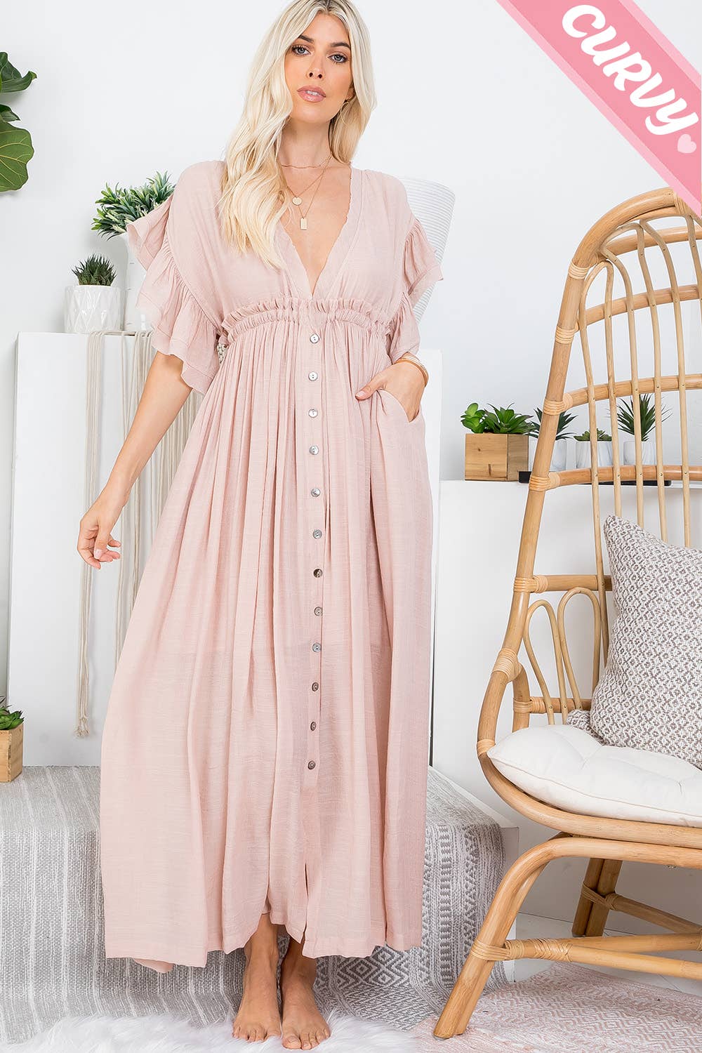 Sweet Lovely by Jen - DEEP V NECKLINE BUTTONDOWN FLOWY MAXI DRESS PLUS SIZE