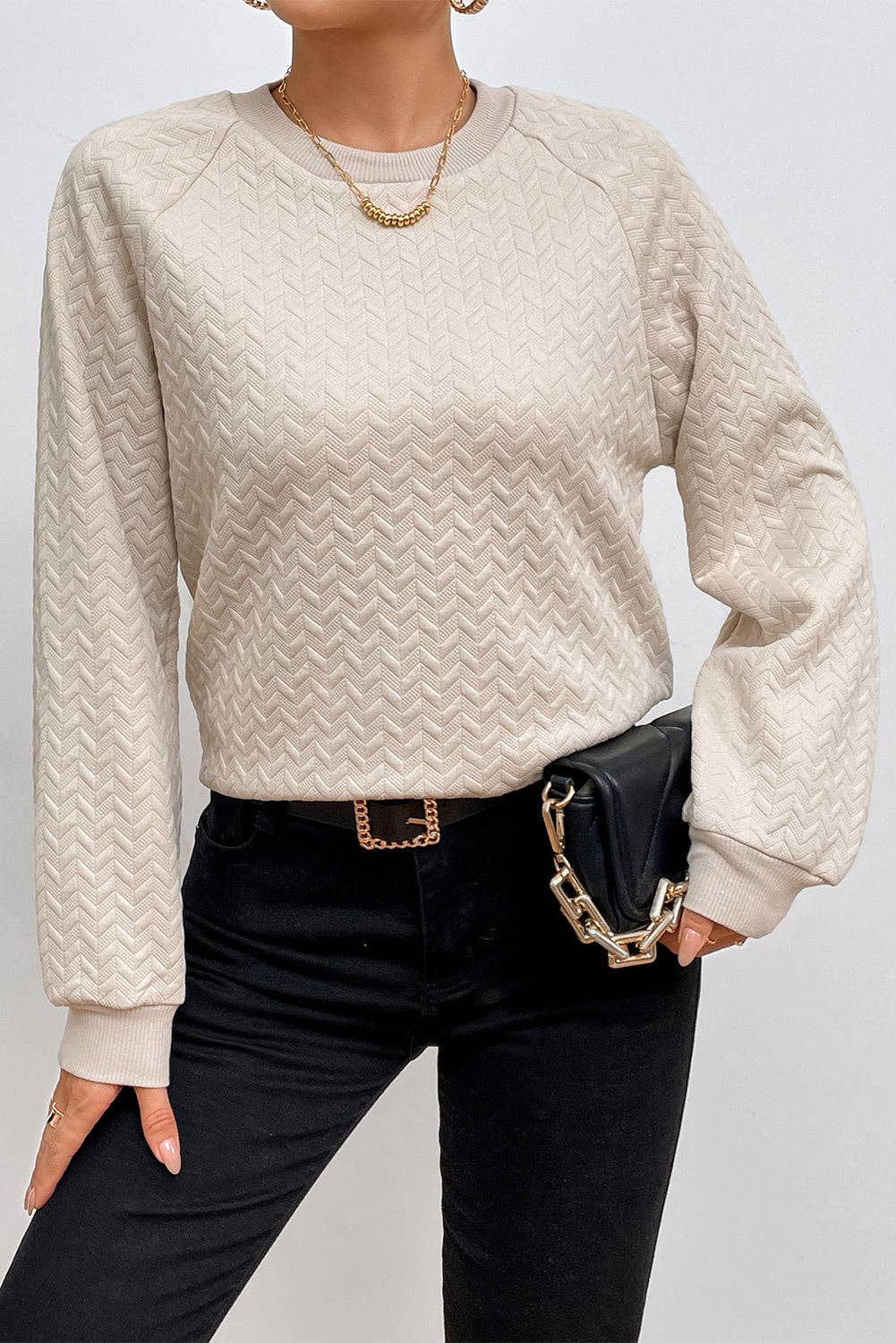 Lovesoft - Solid Textured Raglan Sleeve Pullover Sweatshirt