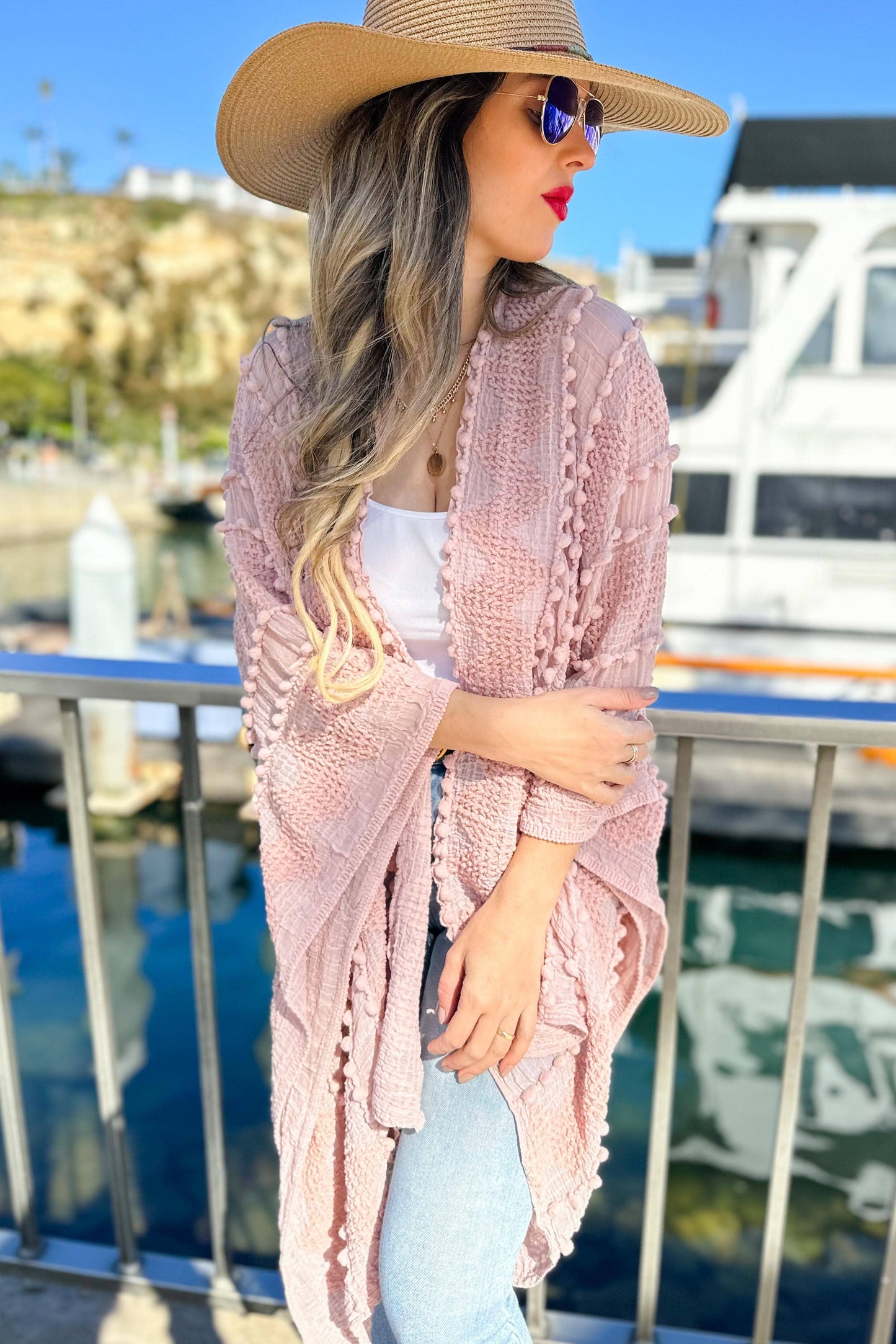 AMOLI - Rose 3D Textured Open Front Soft Kimono Cardigan