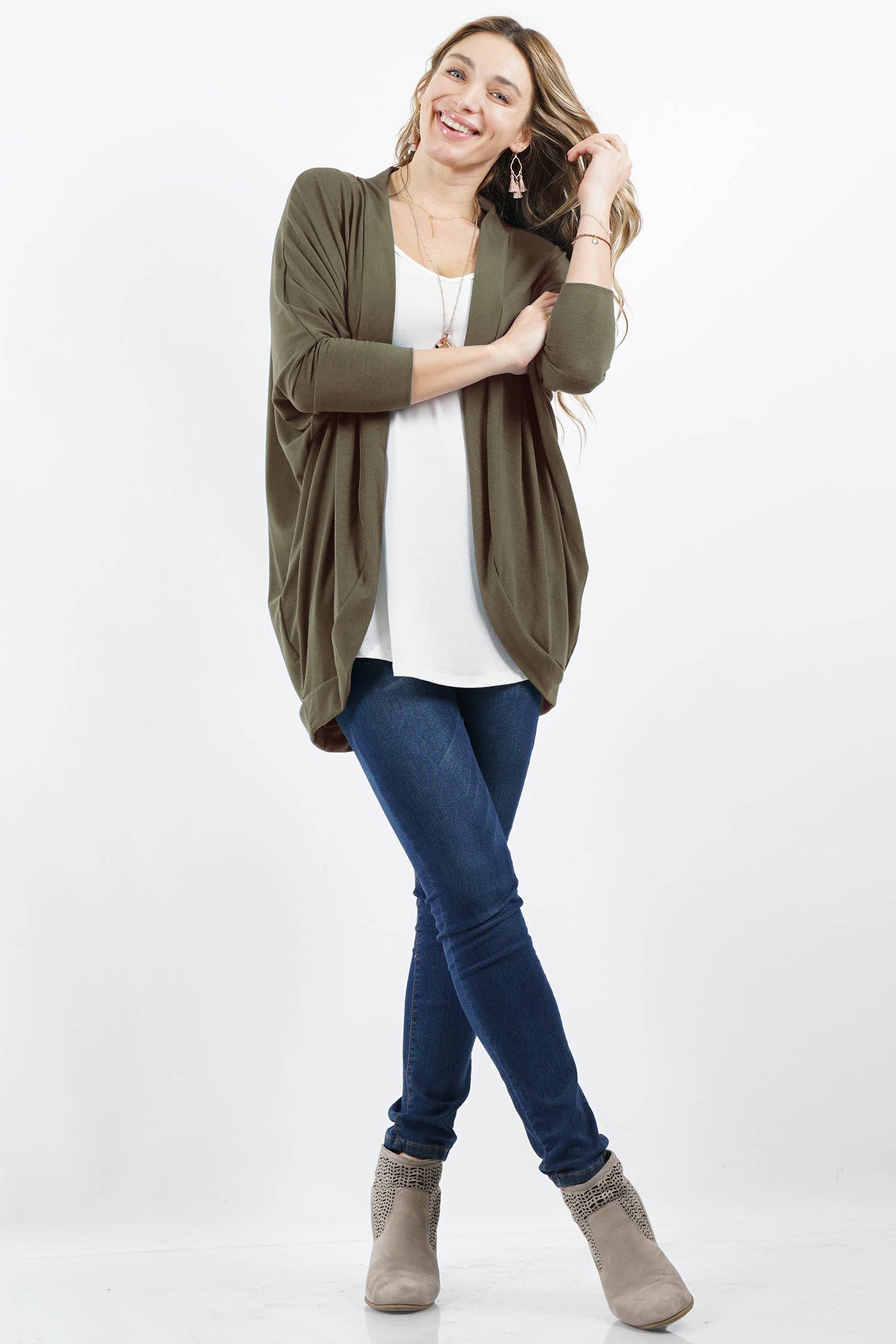 42POPS - ,, SI-13616 PLUS SIZE PREMIUM FABRIC 3/4 SLEEVE COCOON WRA