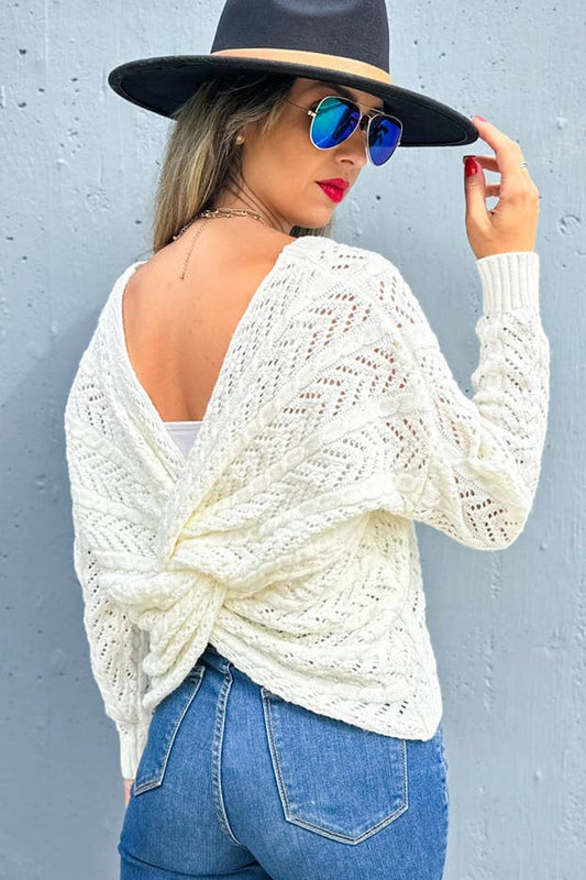 AMOLI - Ivory Textured Twist Detail Back Knitted Sweater Top