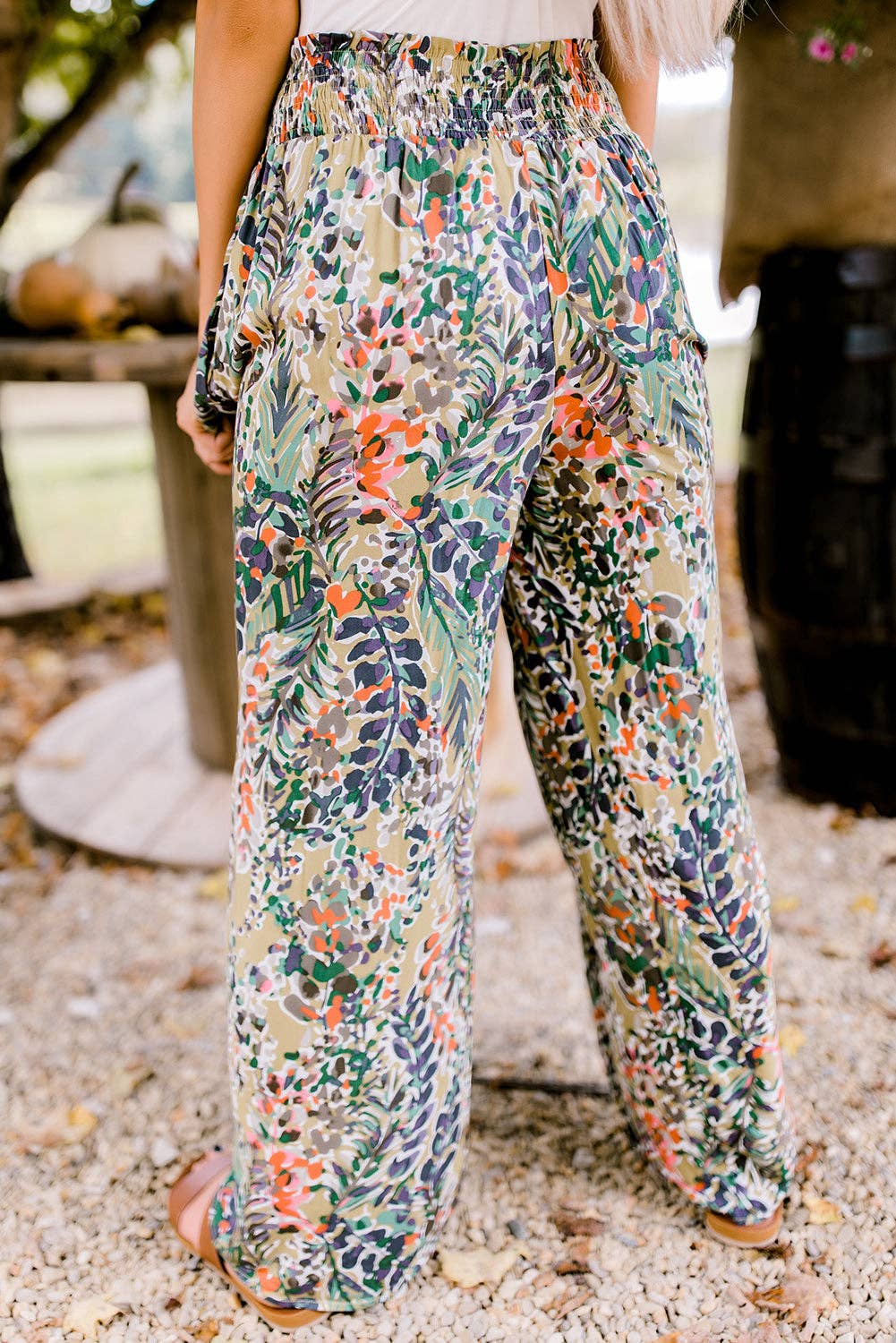Lovesoft - Multicolor Floral Print Shirred High Waist Wide Leg Casual Pants