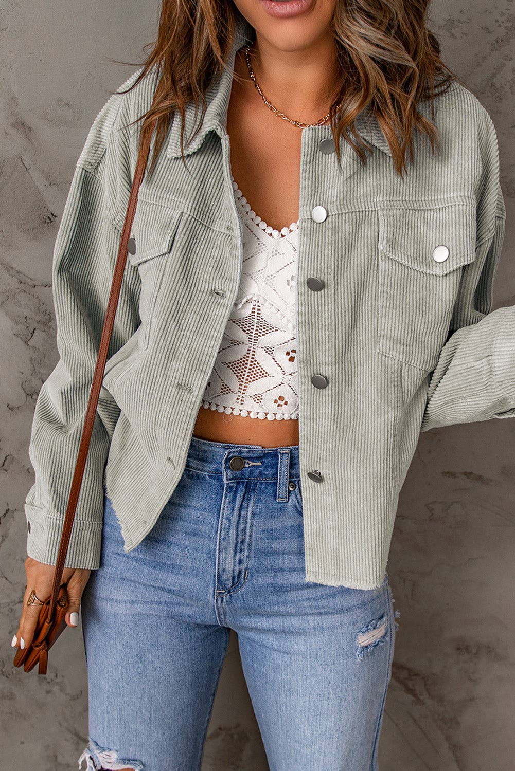 Lovesoft - Sky Blue Raw Hem Flap Pockets Cropped Corduroy Jacket