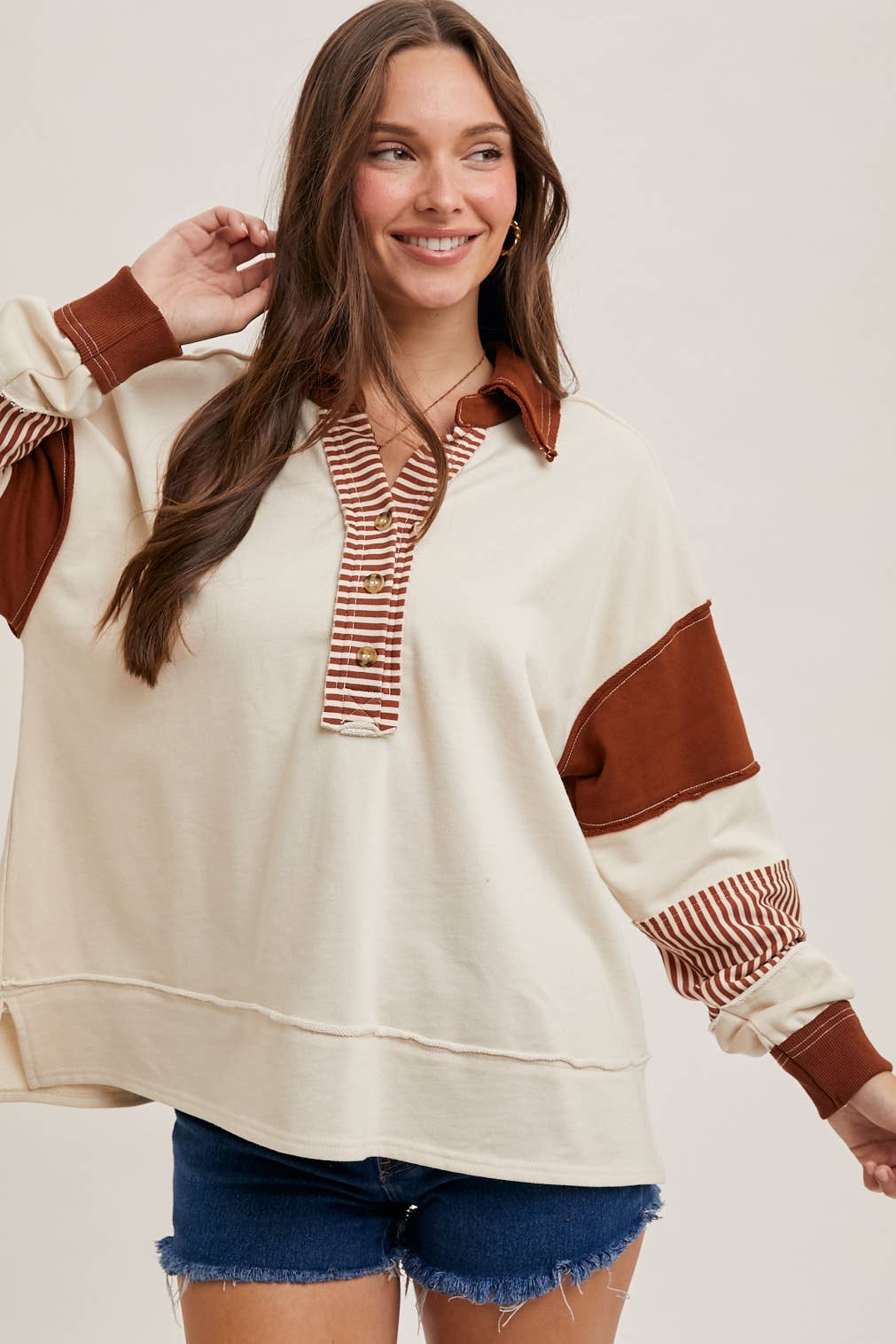 Bluivy - COLOR BLOCK CONTRAST HALF-BUTTON COLLAR KNIT TOP