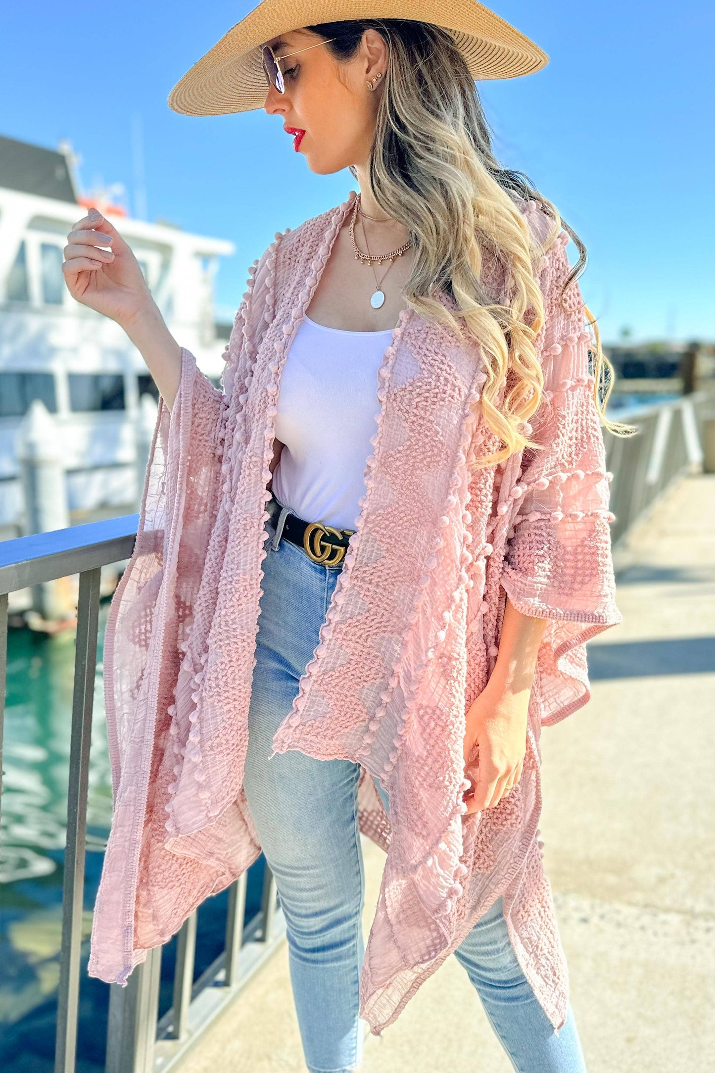 AMOLI - Rose 3D Textured Open Front Soft Kimono Cardigan