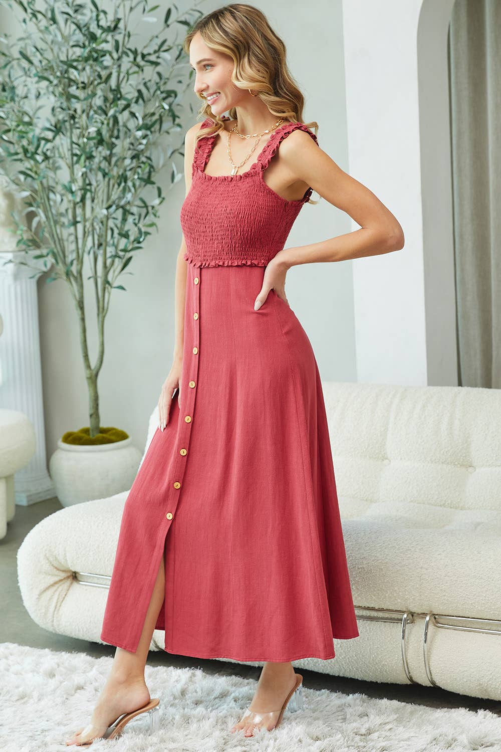 Sweet Lovely by Jen - LINED BLEND SMOCKED MIDI DRESS