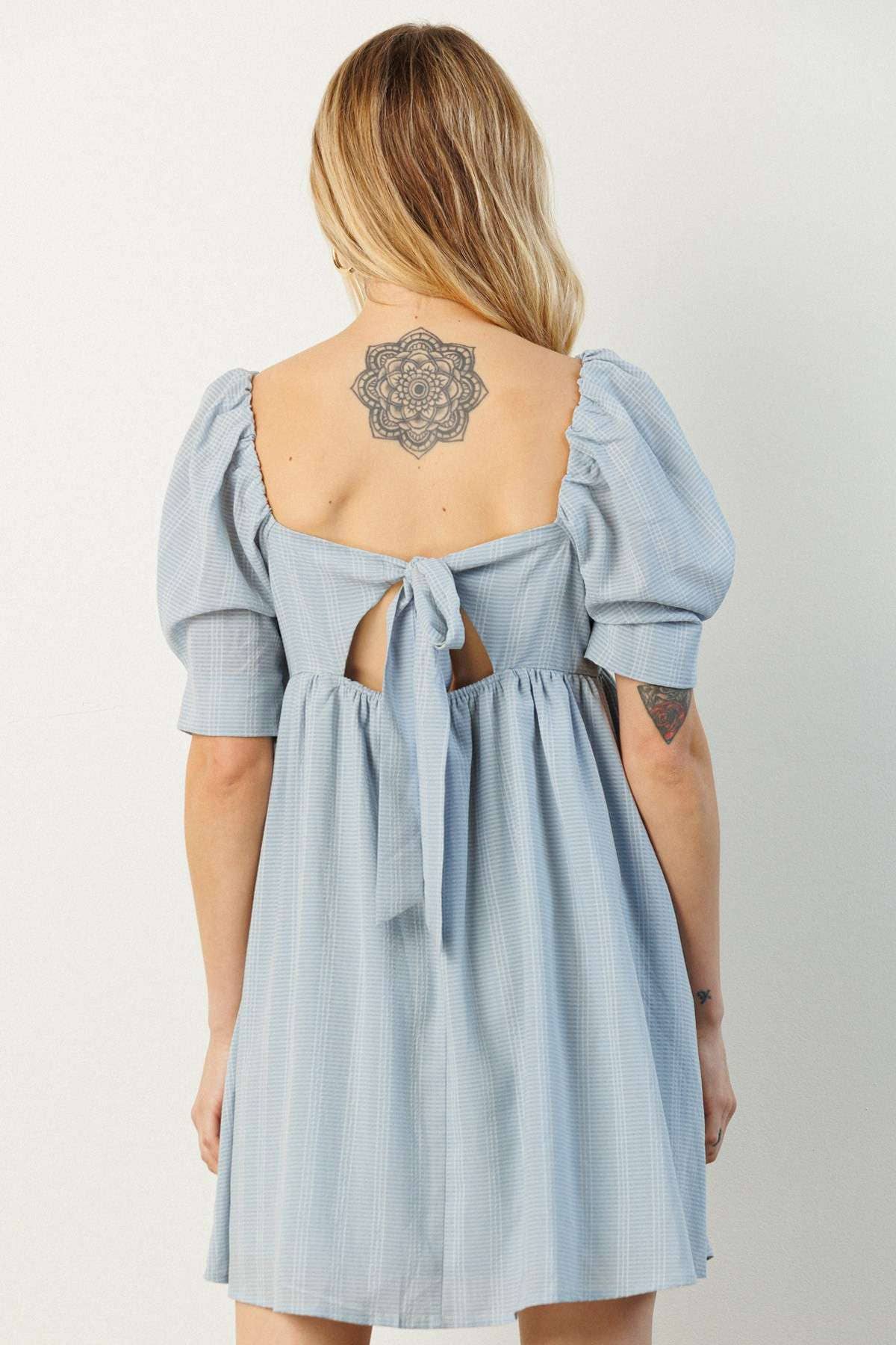 mittoshop - J42623-SQUARE NECK PUFF SLEEVE BABYDOLL DRESS