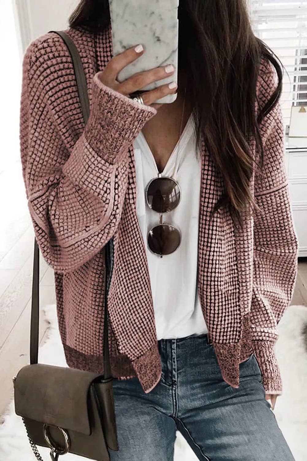 Lovesoft - Peach Blossom Plaid Contrast Trim Open Front Cardigan-PACK