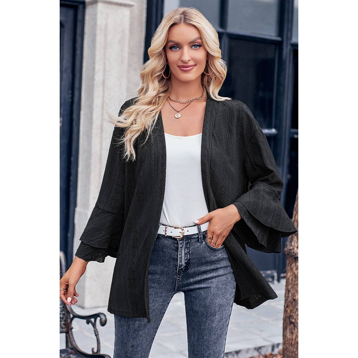 Supreme Fashion - Hollow Out Solid Sleeve Hem Ruffle Cardigan