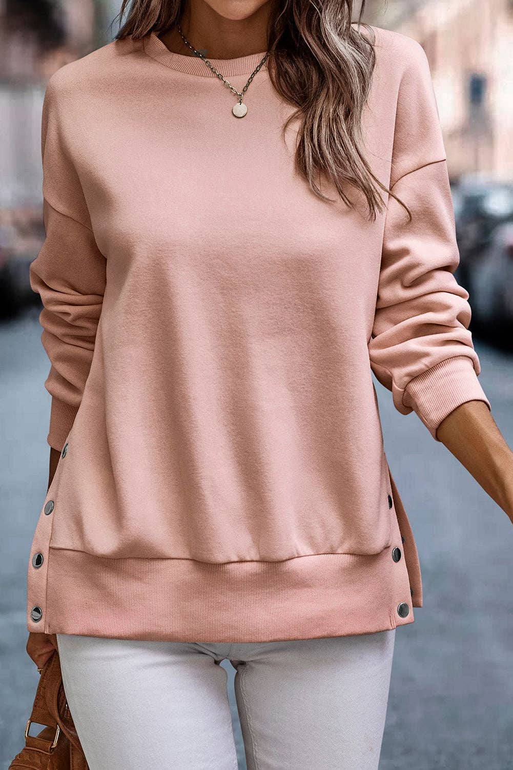 Lovesoft - Snap Buttons Side Splits Pullover Sweatshirt
