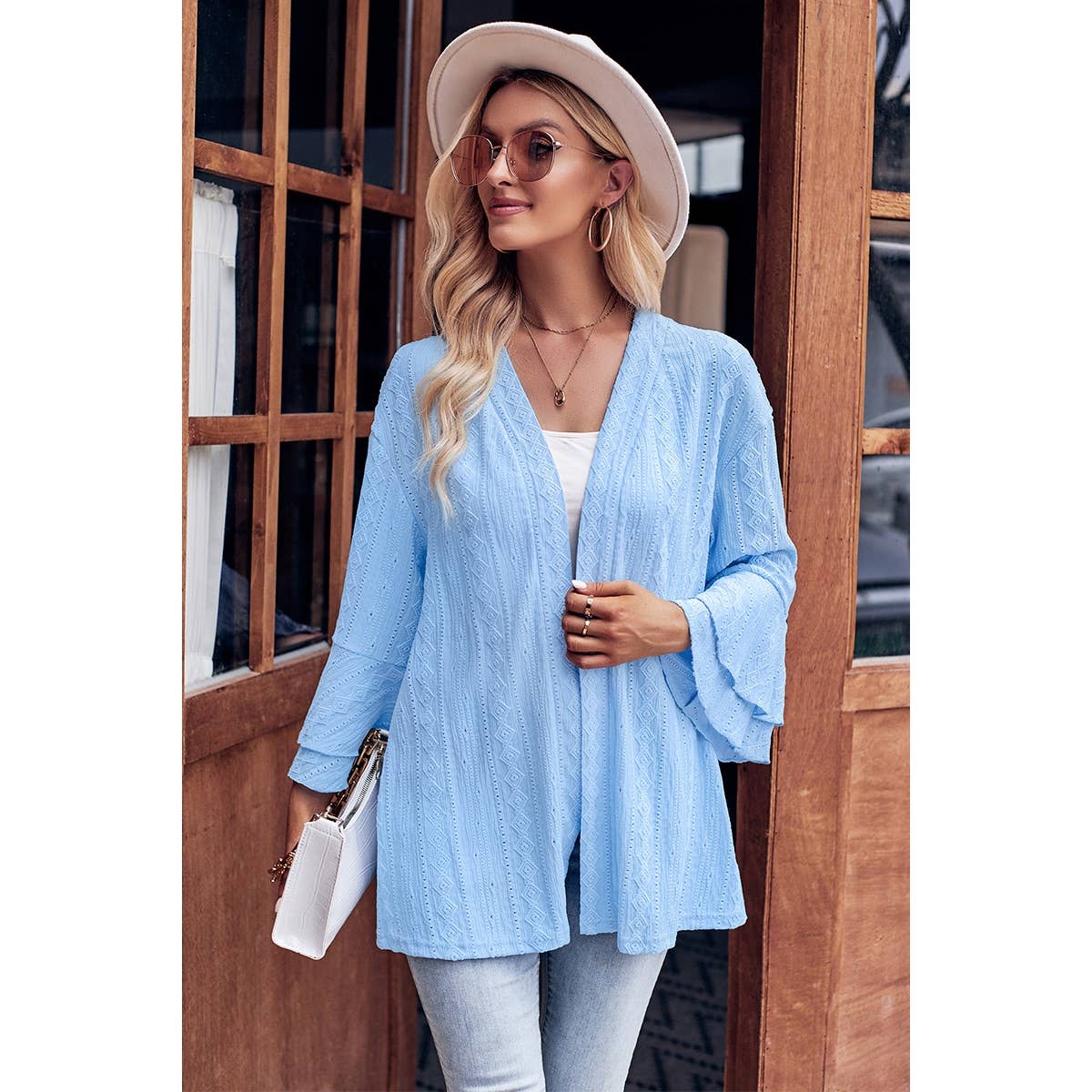 Supreme Fashion - Hollow Out Solid Sleeve Hem Ruffle Cardigan