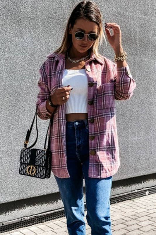 Lily Clothing - CWOJA0368_LOOSE FIT PLAID BIG BUTTONED SHIRTS JACKET