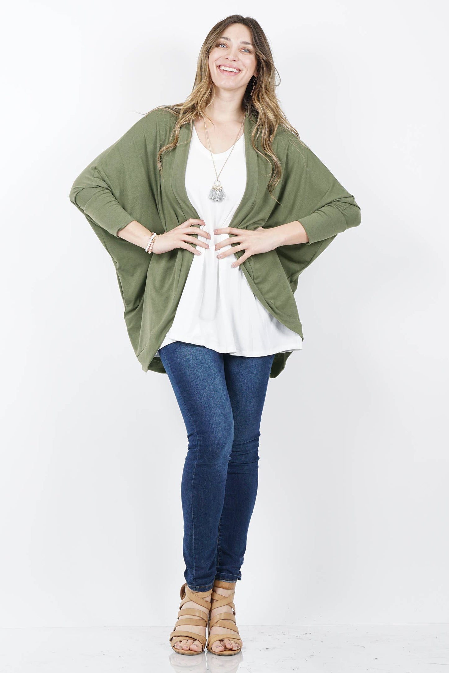 42POPS - ,, SI-13616 PLUS SIZE PREMIUM FABRIC 3/4 SLEEVE COCOON WRA