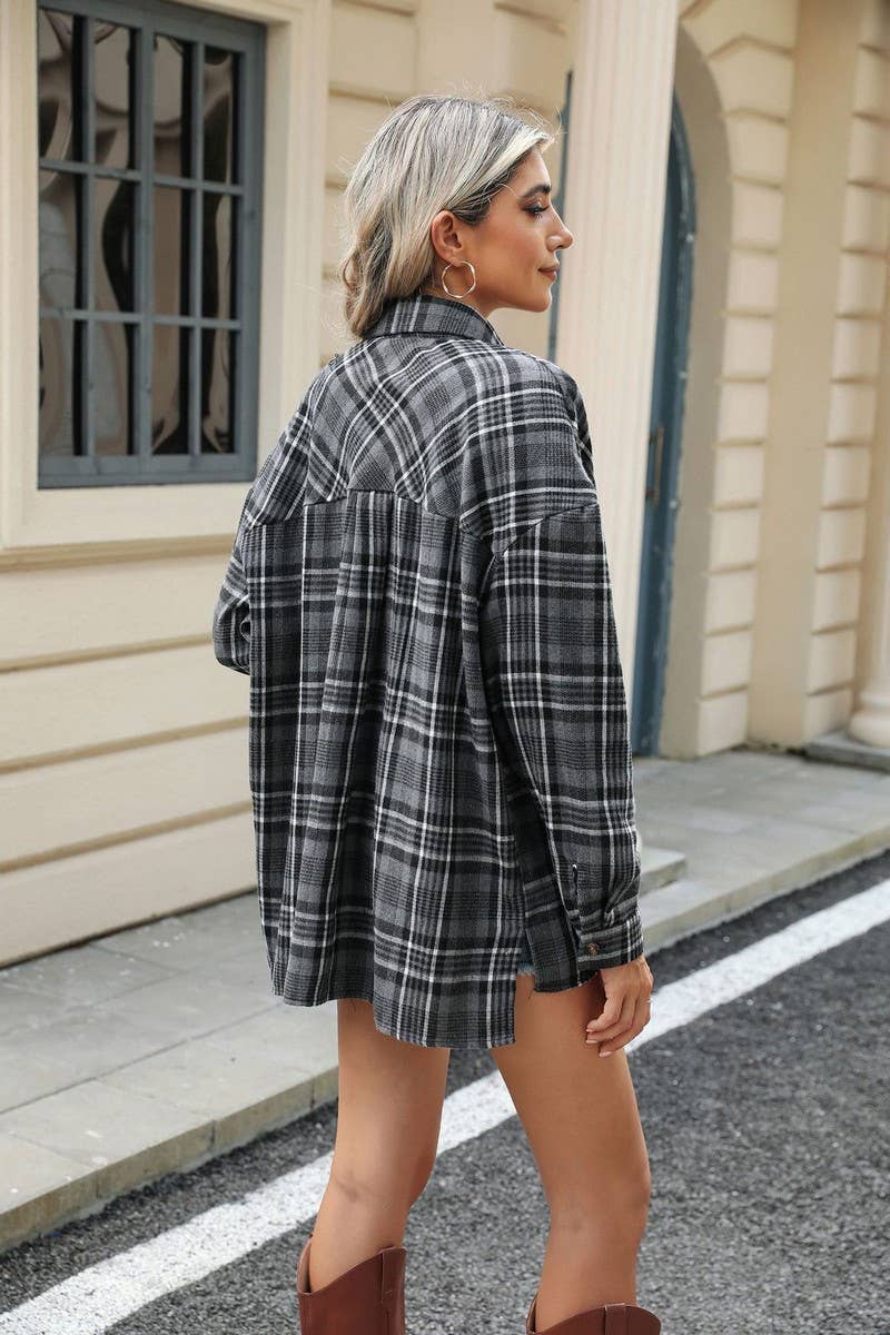 NINEXIS - CWTSTL1700_COLLAR POCKET PLAID LOOSE LONG SLEEVE SHIRT