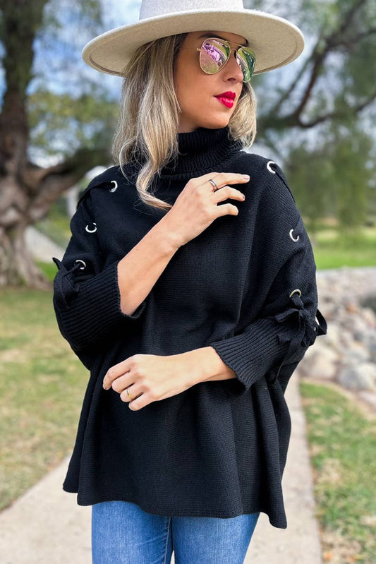 AMOLI - Black Lace-Up Sleeve Turtleneck Knitted Poncho Top