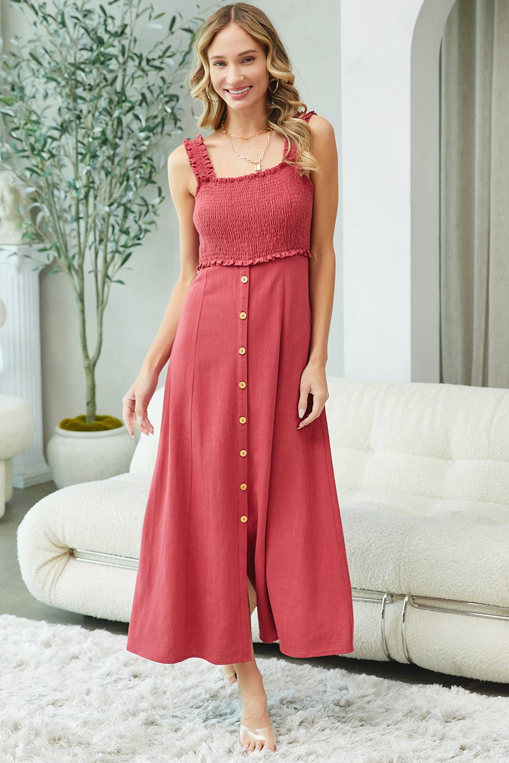 Sweet Lovely by Jen - LINED BLEND SMOCKED MIDI DRESS