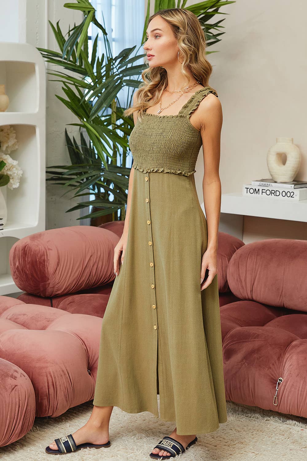 Sweet Lovely by Jen - LINED BLEND SMOCKED MIDI DRESS