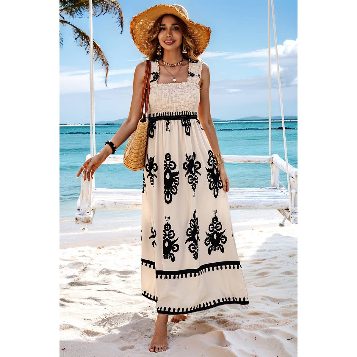 Supreme Fashion - Ruched Square Neck Sleeveless High Waist Dress