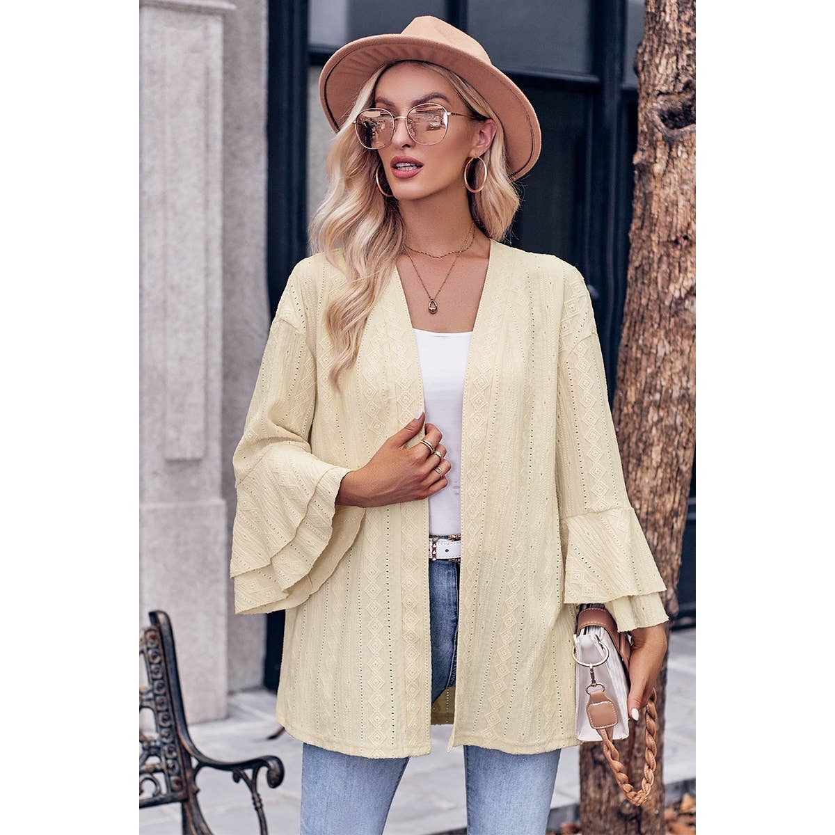 Supreme Fashion - Hollow Out Solid Sleeve Hem Ruffle Cardigan