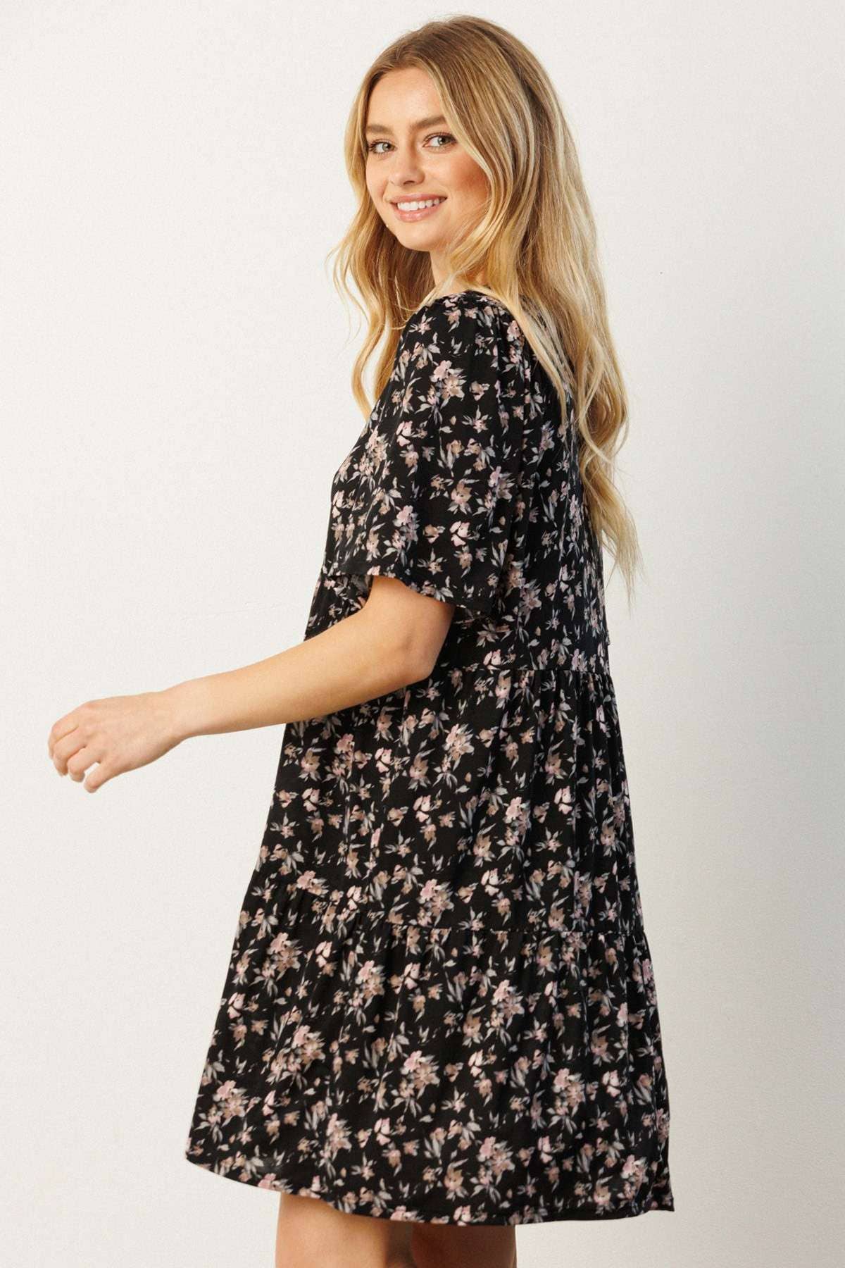 mittoshop - FLOWER PRINT BABYDOLL MINI DRESS