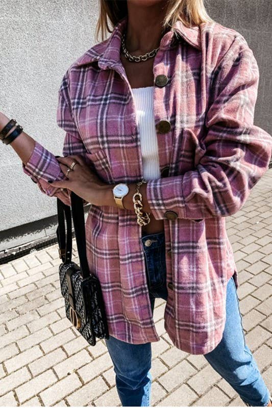 Lily Clothing - CWOJA0368_LOOSE FIT PLAID BIG BUTTONED SHIRTS JACKET