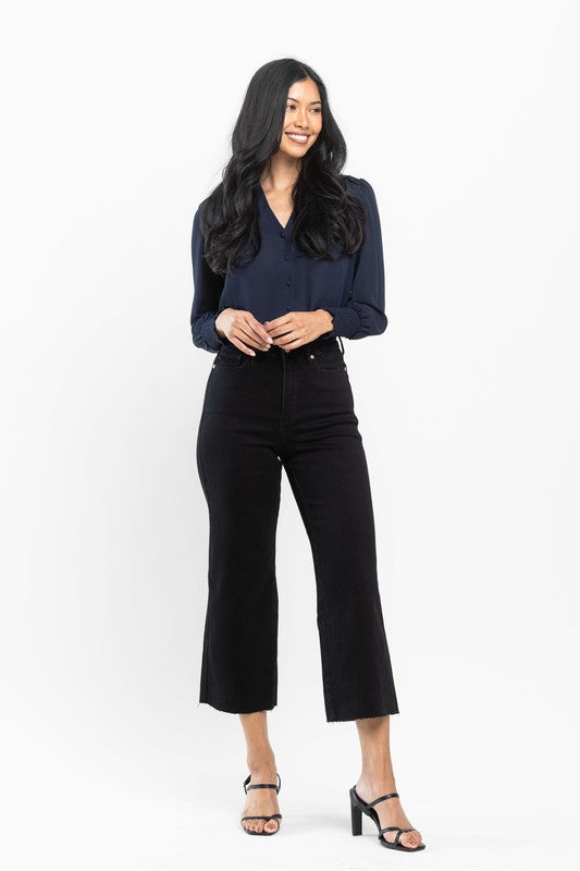 Judy Blue High Waist Tummy Control Raw Hem Crop Wide Leg