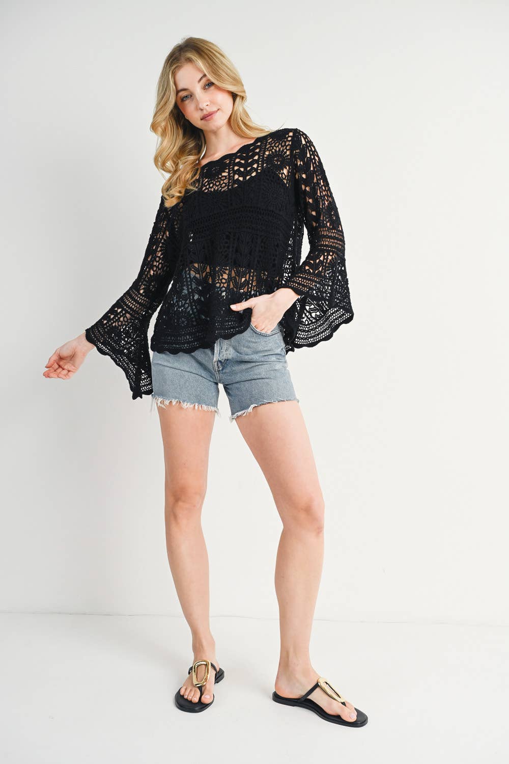 Bluivy - CROCHET SHEER BELL-SLEEVE PULLOVER TOP