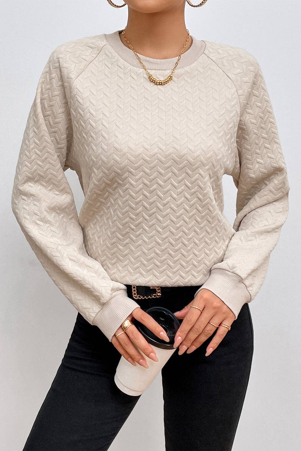 Lovesoft - Solid Textured Raglan Sleeve Pullover Sweatshirt