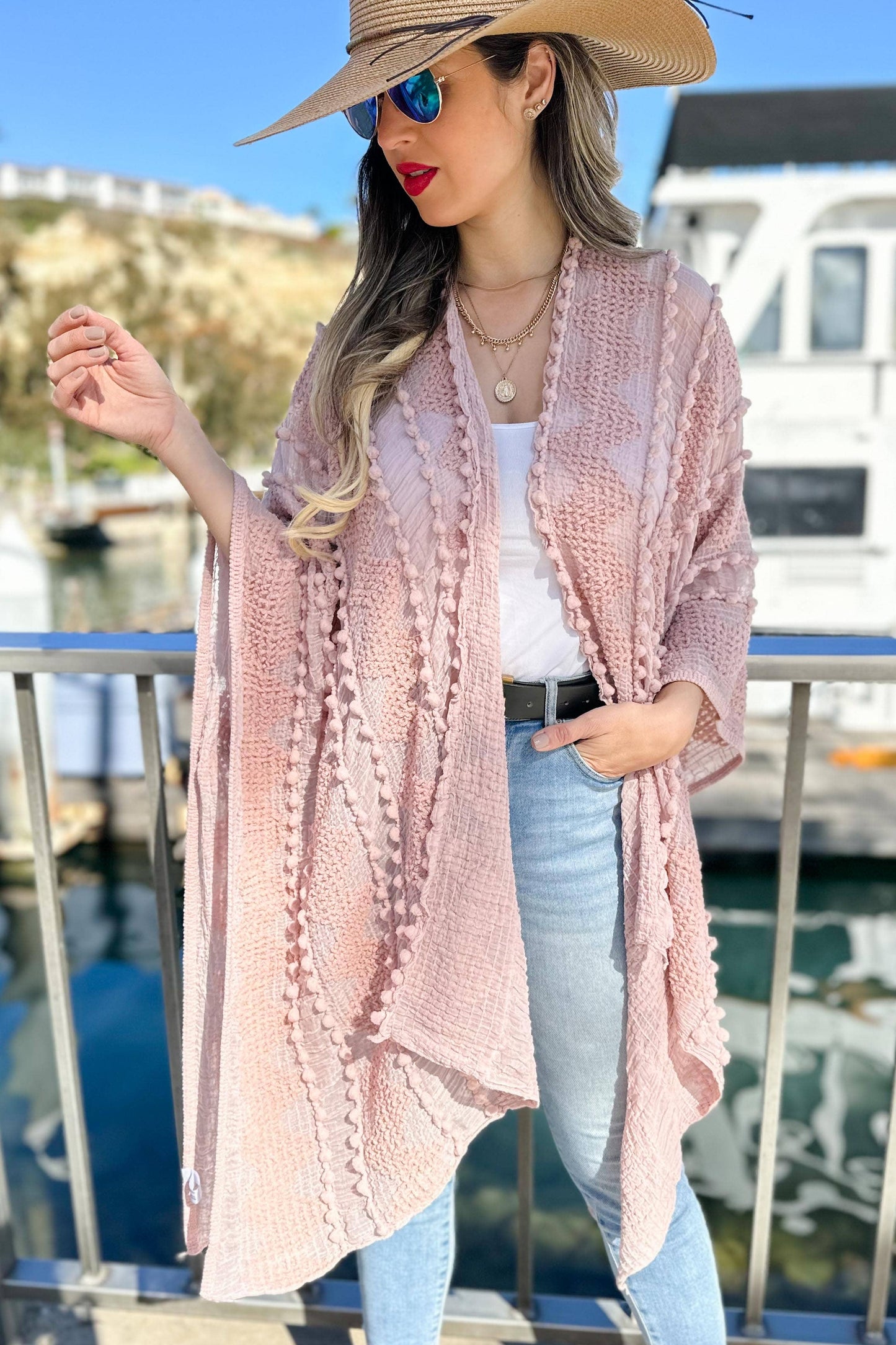 AMOLI - Rose 3D Textured Open Front Soft Kimono Cardigan