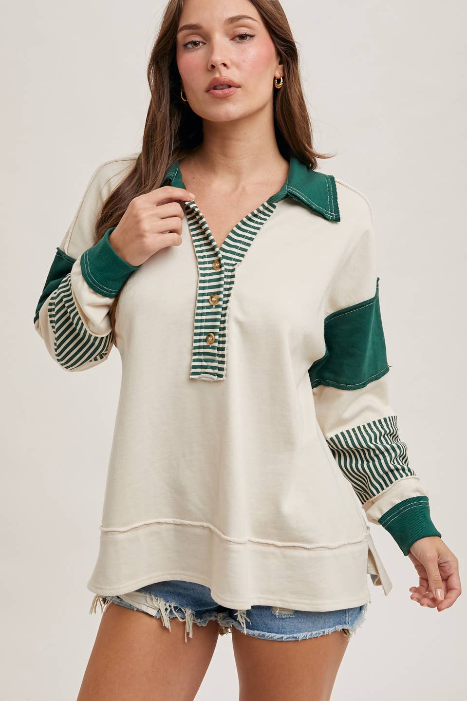 Bluivy - COLOR BLOCK CONTRAST HALF-BUTTON COLLAR KNIT TOP