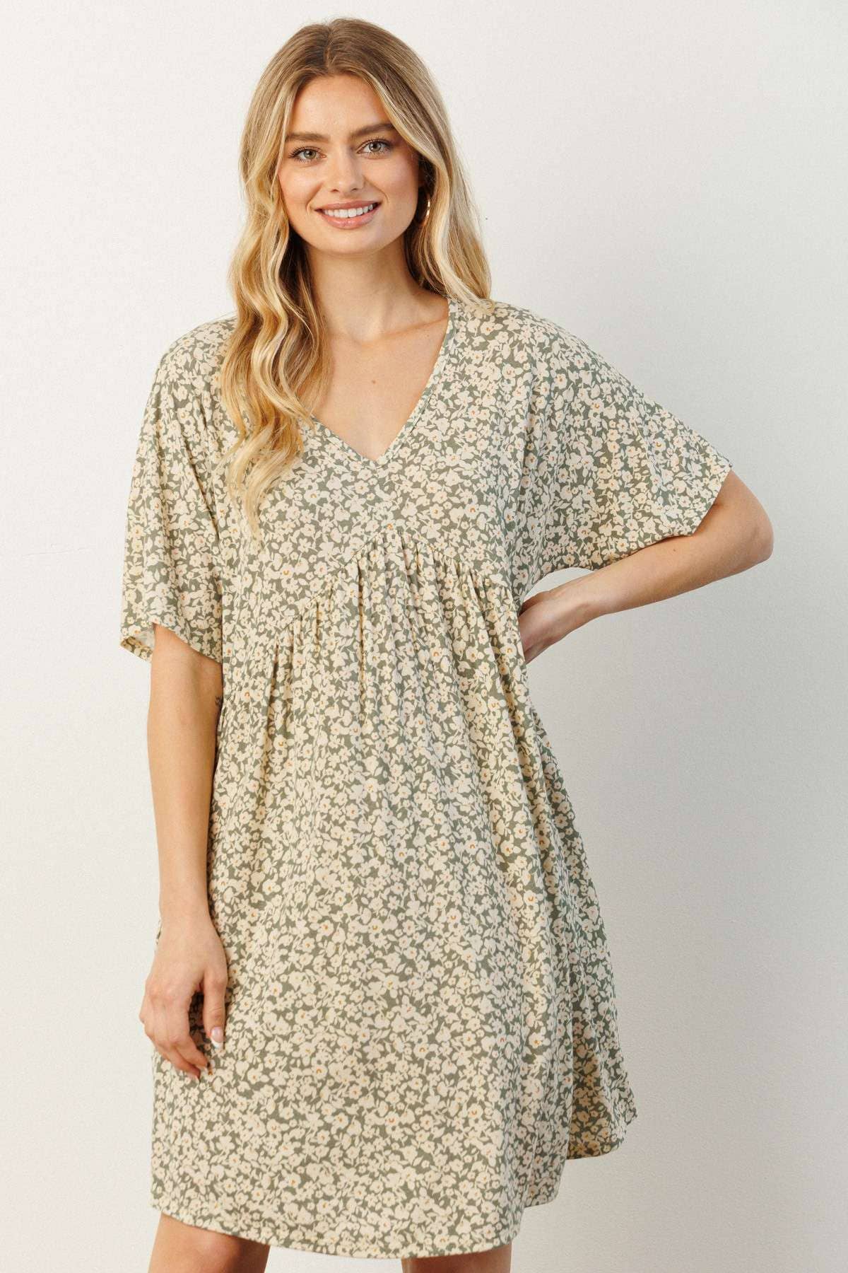 mittoshop - D1788-DITSY FLOWER PRINT BABYDOLL KNIT DRESS