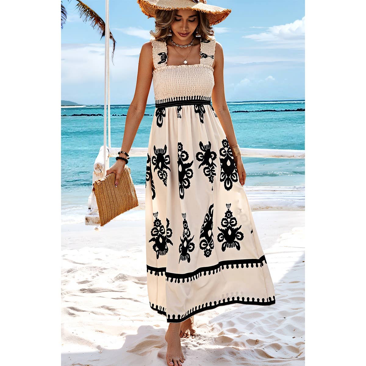 Supreme Fashion - Ruched Square Neck Sleeveless High Waist Dress