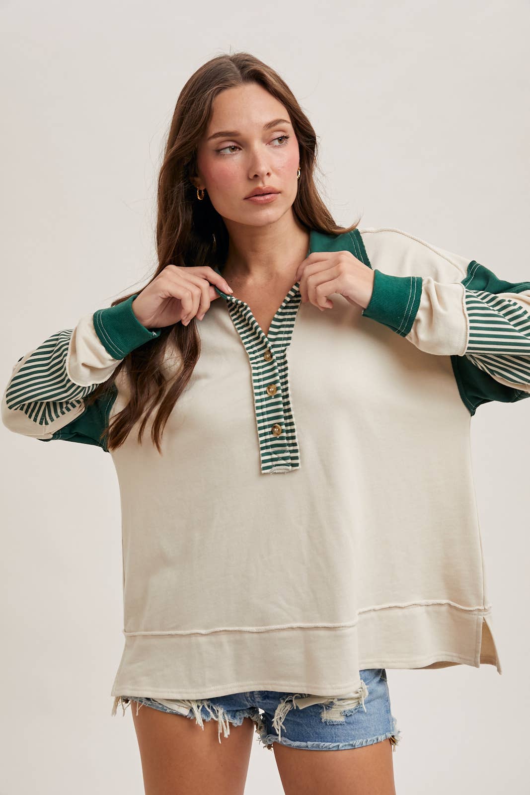 Bluivy - COLOR BLOCK CONTRAST HALF-BUTTON COLLAR KNIT TOP