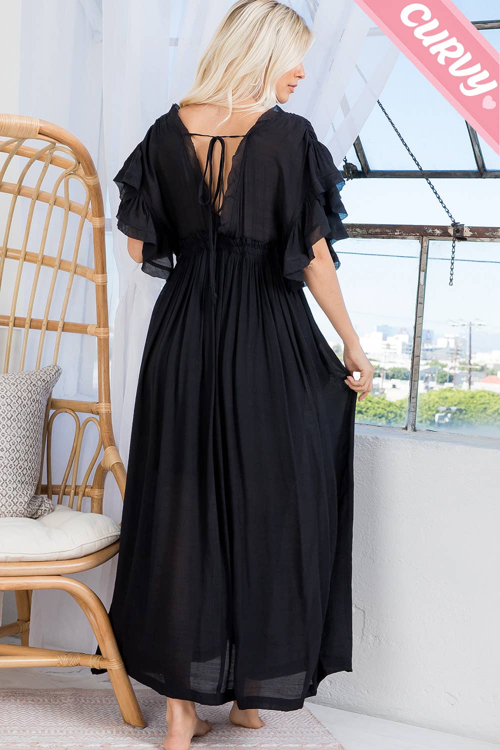 Sweet Lovely by Jen - DEEP V NECKLINE BUTTONDOWN FLOWY MAXI DRESS PLUS SIZE