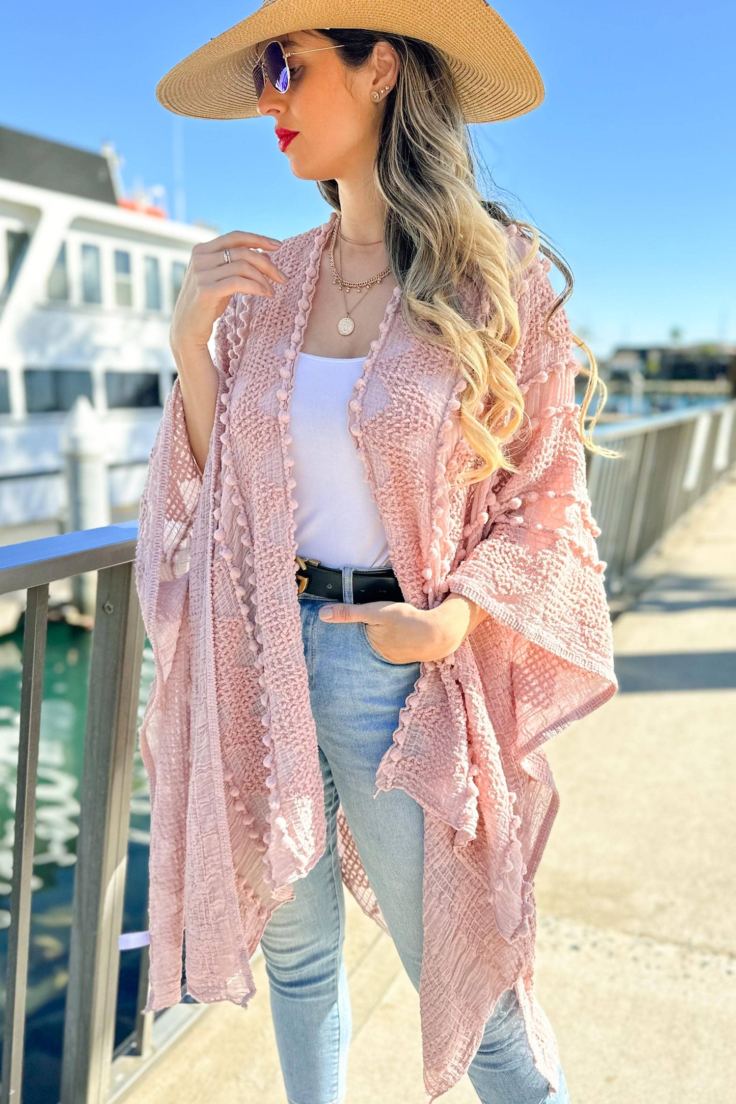 AMOLI - Rose 3D Textured Open Front Soft Kimono Cardigan