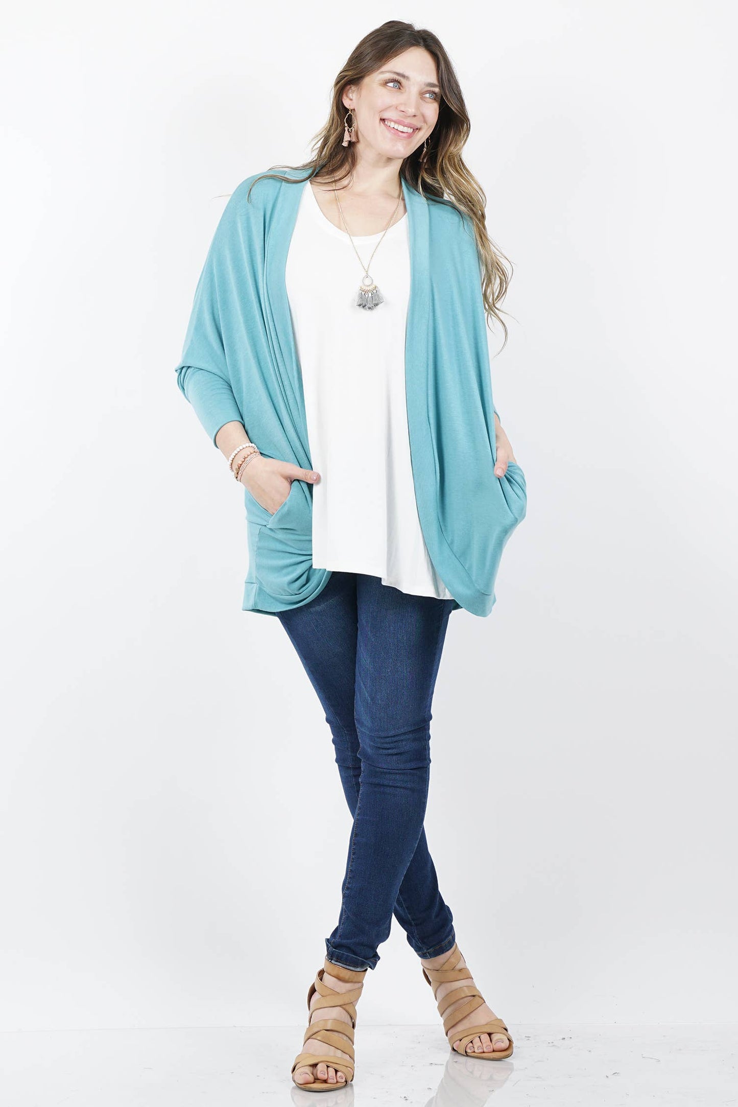 42POPS - ,, SI-13616 PLUS SIZE PREMIUM FABRIC 3/4 SLEEVE COCOON WRA
